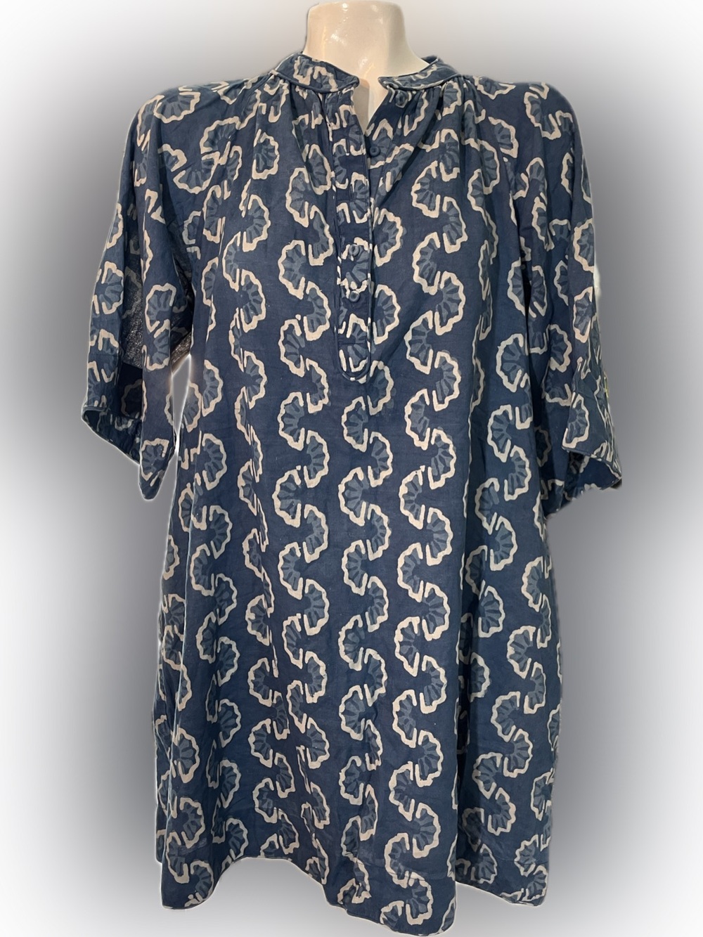 Mirth Blue and White Printed Midi Dress with Button Placket